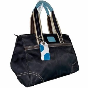 Coach Hampton Sateen black nylon leather trim tote